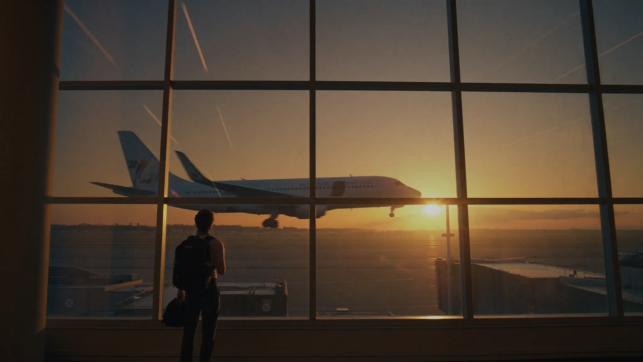 An international student watching a plane take off at golden hour